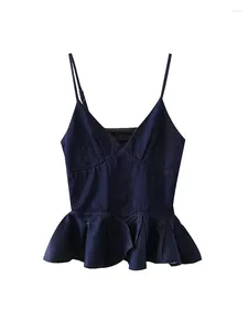 Kvinnors tankar trafza halter denim camisole väst fransk smal topp sexig casual v-hals ärmlös kort skarvad axellös ruffle