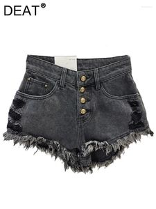 Kvinnors jeans denim byxor hög midja smala enstaka bröstguldknappar burrs trasiga hål shorts 2024 sommarmode 33a1323