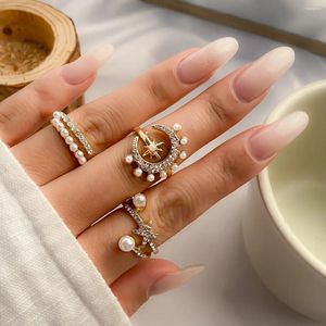 Cluster Ringe Mode Sweet Cool Alloy Zircon Moon Star Cross Geometrie Eröffnung Joint Ring Set Schmuck für Frauen Girl Party Geschenkgroßhandel Großhandel