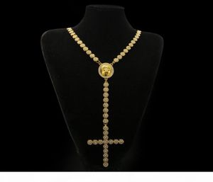 Män lyxig långhalsband Guldsilver full isad Rhinestones Jesus ansikte med Big Pendant Necklace Rosary Punk Jewelry5090904
