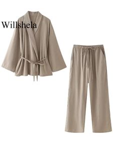 WOLSHELA Women Fashion Dwuczęściowy zestaw Khaki koronkowe koszule vintage High Elastyczne spodnie talia Feamle