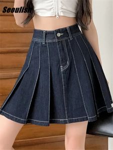 Seoulish hög midja veckade kvinnors denim kjolar vår sommarblå cowboy jeans a-line sexig mini kvinnlig 240424