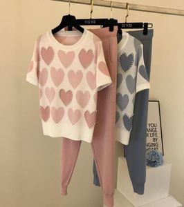 Women039s Two Piece Pants 2022 Summer Love Printed Knitted 2 Set Women Short Sleeve Beading Sweater TopsCapris Suit Pink Casua6853056