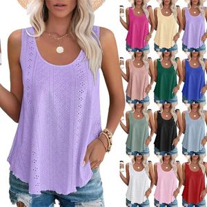 Kvinnors tankar stickade ihåliga tank tops för kvinnor damer sommar mode avslappnad fast färg rund hals lösa ärmlösa skjortor plus storlek