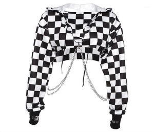 Women Plaid Casual Streetwear Sweatshirt Hoodie Crop Top Jumper Pullover Chain Stitching Short Loose Sweatshirt Plaid Shirt16603407