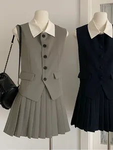 Work Dresses Preppy Style Outfits 2 Piece Skirt Set Office Lady Polo-Neck Blouses Sleeveless High Waist Pleated Elegant Quality