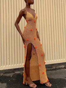 Casual Dresses Women S Elegant Sleeveless Crochet Knit Maxi Dress With High Split And Spaghetti Straps - Stylish Fashion For Any Occasion