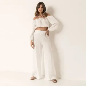 Women's Two Piece Pants Spring Summer European And American Crepe Cotton Long-sleeved Short Breathable Trousers White Two-piece Suit