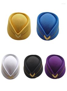 Basker Stewardess Air Hostesses Hat Women Imitation Wool Felt Cap Ladies Pillbox Hatts With Gold Insignia Solid Beret Base Sweet Fe2401506