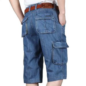 Sommarmärke Mens Jeans Denim Shorts Cotton Cargo Big Pocket Loose Baggy Wide Leg Embroidery Bermuda Beach Boardshort 240415