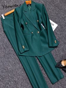 Yitimuceng Fashion Red Green Pant Suits Women Autumn Winter Double Breasted Formal Blazer Jacket Trousers 2 Piece Set 240419