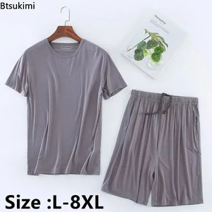 Masculino verão casual sleepwears conjuntos de roupas domésticas sólidas 2pcs camiseta modal e shorts de pijamas de tamanho grande masculino l8xl 240428