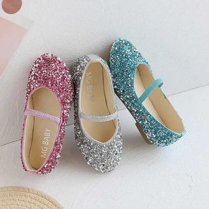 Flat shoes 2024 Spring 1 to 12 years old girls dress Beauty Pointed Toe Teen Girl Leather Shoes Bling Princess Wedding F12131 H240504