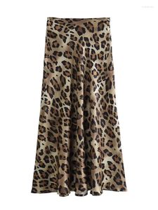Skirts Women Fashion Leopard Pleated Side Zipper Midi Skirt Vintage High Waist Female Chic Lady