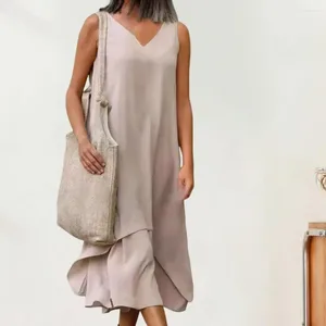 Casual Dresses Women Midi Dress Stylish V Neck For Solid Color A-line Double-layered Patchwork Design Shopping Vacation