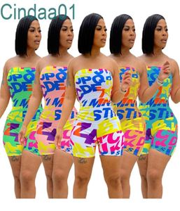 Women Strapless Jumpsuit Summer Rompers Fashion Sexy Off Shoulder Elastic Bra Letter Printing Bodysuit5679673