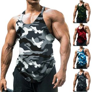 Mens Back Gym Stringer Tank Top Camouflage Breathable Bodybuilding Vest Sleeveless Men T-shirt Crew Neck Fitness Tee 240425