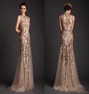 Krikor Jabotian Destes Dresses Classic Gold Mermaid Shape Tulle Sheer See através da Appliquees ProM Dress Dress Curitery Long Formal Dub7533890