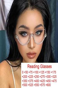 Solglasögon Clear Diamond Cat Eye Reading Glasses Women mode Anti Blue Light Half Frame Rhinestone Luxury Designer Eyeglasses 3S5907401