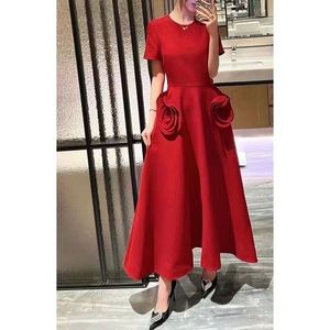 Women's high waist O-neck short sleeve stitching ball dress long catwalk dress SMLXL