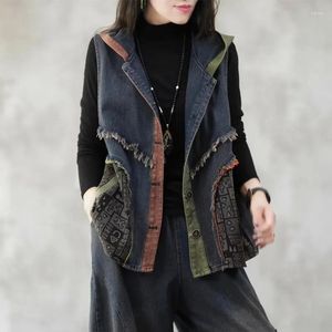 Frauenwesten großer Größe Lose Denim Weste Frauen Ärmellose Jacke Frauen mit Kapuze kontrastierender Farb Patchwork Rough Edge Casual Casual