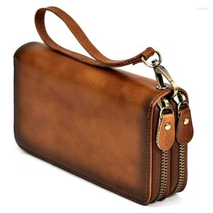 Portafogli vintage vera pelle uomo frizione portafoglio interno zip lungo bifold pazzo cavallo maschio telefono