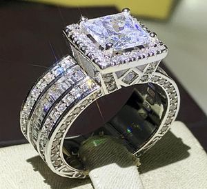 Rulalei Fantastiska lyxsmycken 925 Sterling Silver Princess Cut Full White Topaz Cz Diamond Promise Women Wedding Band Ring för L7301046