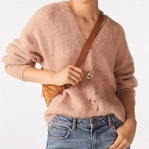 Kvinnors stickor Kvinnor Stick Cardigan Single Breasted Pink eller Purple tröja långärmad V Neck Softwear Coat 2024 Spring