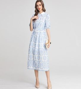 Women039S Runway Dresses Whing Down Collar Kort ärmar Broderi High Street Casual Mid Calf Vestidos8780008