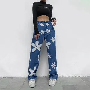 Jeans femminile stampato gamba dritta per donne alla moda le donne ad alta vita pantaloni denim casual streetwear pantaloni a figura intera