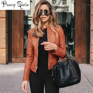 Mulheres Faux Leather PU Jacket Coat fêmea de manga longa preta casaco marrom casaco de zíper curto Feminino básico Feminino1 307U