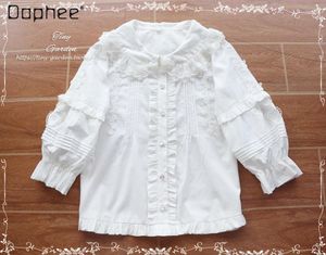 Blusas femininas decote fofo camisas de renda de camada dupla para mulheres estilo lolita estilo elegante algodão doce manga curta camisa meio inferior 2024