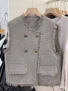 Vintage -Weste für Frauen Temperament Quasten Tassel Tweed Weste Ropa Mujer Doppelbreaute losen Festkörperkorean Tank 240430