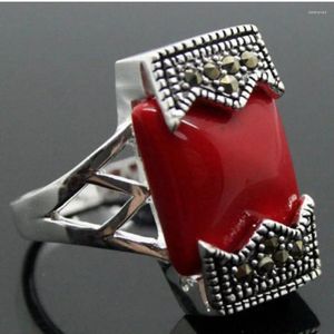 Clusterringe Modeschmuck Großhandel gut 12 20mm Fancy Seltene Vintage Red Coral Belt 925 Silber Marcasit Ring Größe 7/8/9/10