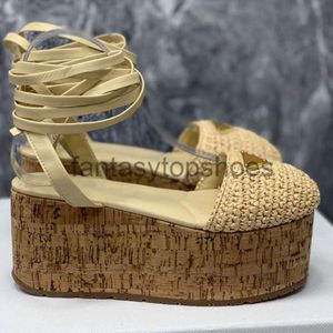 Praddas Pada Prax Prd Sandals Crochet Natural Color Wedge Raffia Effect Yarn Upper Nappa Leather Ankle Laces Enameled Metal Triangle Roman Designer Platform Sandal