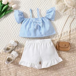 Giyim Setleri 2 PCS Bebek Şortları Takım Mavi Çizgili Üstler Beyaz Pantolon Yaz Bebek Giysileri İki Parça Kıyafetler Doğum 3 6 9 12 24 Ay