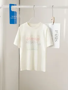 女性用Tシャツ女性コットンレタープリントOネックライン半袖Tシャツのトップはリッピングディテール