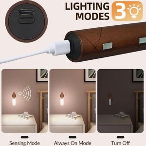 Wall Lamp Motion Sensor Indoor Wooden Sconce Stepless Dimming USB Rechargeable Magnetic Night Light For Bedroom Stair Hallway Kitchen