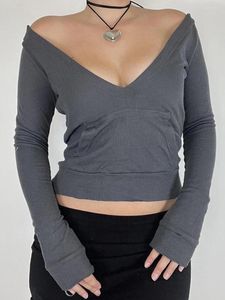 Koszulki damskie yoawdats kobiety wychodzą na zewnątrz bluzki szczupłe v szyję solidny kolor krótki kaptur T-shirt swobodne Y2K Streetwear