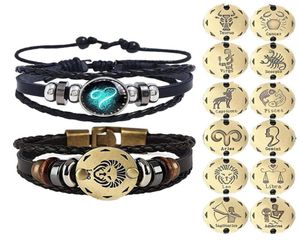 2pcs 12 Constelação de pulseira signo zodíaco Bangle de couro preto e preto Aries Leo Libra Luminous Dome Jóias Punk Men Bracelet66681862