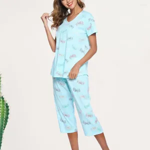 Женские брюки с двумя частями 2 шт/сет женщин пижама набор v шея бабочка печати с короткими рукавами.
