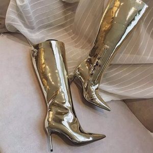 2024 new lady sheepskin patent Mirror face leather stiletto high heels Knight Boots Pleated zipper women knee long booties pillage toe wedding shoes big size 34-48