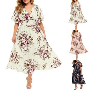 Plus Size Summer Dres Floral Chiffon Vneck Shortsleeved Dress Elastic High midje Bohemian 240426