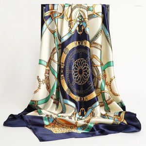 Scarves Handkerchiefs Hair Silk Scarf 90 90cm Print Satin Big Square Shawls For Women Designer Hijab Headband