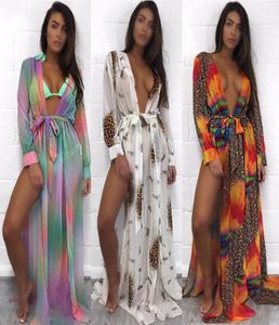 Yaz Seksi Kadın Şifon Kimono Bikini Kapak Kadın Leopar Kontrast Renk Split Hardigan Plajı Maxi Bluses Coverups9443228