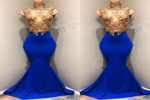 Modest African Gold Top Lace Appliqued Prom Dresses 2019 High Neck Mermaid Sequins Royal Blue Sleer Sheer Evening Clowns BA8171375686