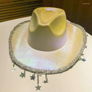 Boll Caps 2024 Färgglad Space Cowgirl Hat For Women Star Tassels Laser Jazz Cap Panama Reflective Sequins High Street Denim Y2K