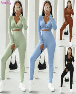 Kvinnors Autumn Sports Suit Fashion Solid Color Long Sleeve Two Piece Sportswear Fitness Yoga Tracksuits Casual Winter Clothing389978