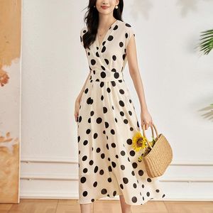 Party Dresses Chiffon för kvinnor 2024 Summer Elegant V-Neck High midja Kort ärm 29% Real Silk Dot Print Women's Long Dress A-Line