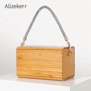 Alizekerr Cuboid Box Bamboo Beach Handbags Women Boutique Summer Vintage Rhinestone Handle Wood Straw Bags Bohemian Holiday 240424